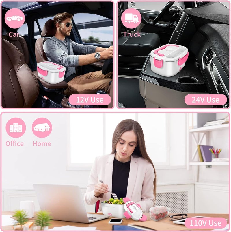 CHARMDOO Electric Lunch Box, Food Warmer Heater 12V 24V 110V, 80W Faster Heated Lunch Box for Car/Truck/Home Portable Heating Boxes with 1.5L 304 SS Container Fork & Spoon, White+Pink - Image 2